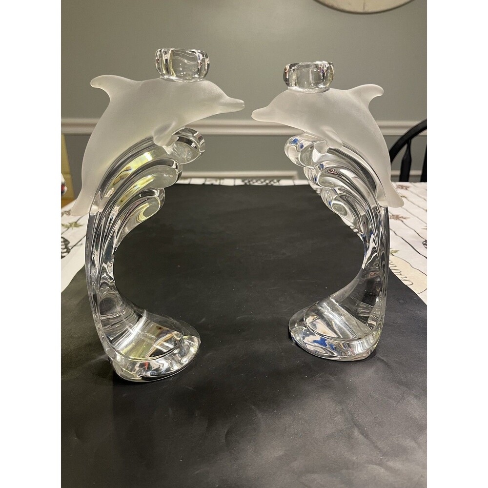 Lenox Crystal Dolphins Riding Waves 9” Tall Candlestick Holders Germany